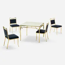 William 'Billy' Haines, Game table and chairs, set of four, c. 1955, gilt brass, mohair upholstery, mother-of-pearl