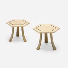 Harvey Probber, Occasional tables, pair, c. 1960, terrazzo, stained mahogany, brass