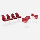 Eero Saarinen, Tulip chairs, set of six, lacquered fiberglass, enameled aluminum, leather upholstery
