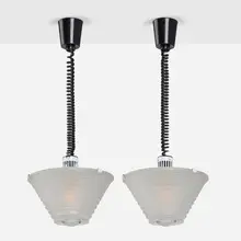 Angelo Mangiarotti, Egina Sospensione pendants, pair, 1979, frosted glass, glass, plastic, enameled steel