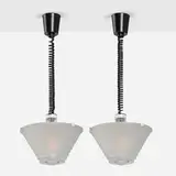 Angelo Mangiarotti, Egina Sospensione pendants, pair, 1979, frosted glass, glass, plastic, enameled steel