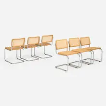 Cesca dining chairs model B32, set of six by Marcel Breuer, chrome-plated and matte steel, birch, cane, sold Nov 2025