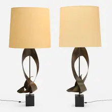 Harry Balmer, Table lamps, pair, c. 1965, patinated bronzed steel, lacquered aluminum, linen shades, brass