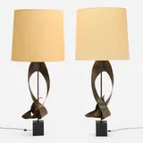 Harry Balmer, Table lamps, pair, c. 1965, patinated bronzed steel, lacquered aluminum, linen shades, brass