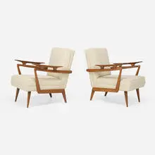 Armchairs, pair by Modern, c. 1960, upholstered cushion, oak, sold Nov 2025