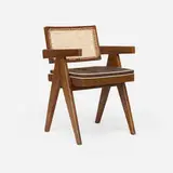attribution Pierre Jeanneret, Armchair, c. 1960, teak, cane, upholstery