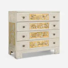 Frances Elkins, Cabinet from the Mrs. Lester Armour residence, Lake Bluff, Illinois, c. 1931, painted poplar, reverse-painted and gold-leafed glass, patinated brass