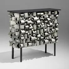 James Bearden, Custom Cubist cabinet, 2021, enameled iron and white gold, enameled wood