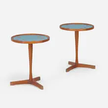 Four Seasons occasional tables, pair by Amy Lau Design, 2007, glazed ceramic, walnut, sold Oct 2025