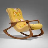 Vladimir Kagan, Sculpted rocking chair, model 175F, c. 1953, walnut, embroidered fabric, mohair upholstery