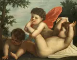 Francesco Albani, Three cherubs playing in a landscape, oil on canvas