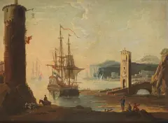 A Mediterranean harbour with shipping at anchor by Johann Anton Eismann, oil on canvas, sold Dec 2017