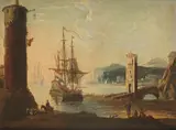 Johann Anton Eismann, A Mediterranean harbour with shipping at anchor, oil on canvas