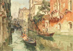 Angelo Brombo, Gondoliers on the canal, oil on canvas