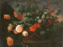Flemish School, Still life of flowers on a ledge before a landscape, oil on paper laid down on board