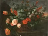 Flemish School, Still life of flowers on a ledge before a landscape, oil on paper laid down on board