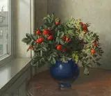 Wilhelm Andersen, Still life of rosehips in a blue vase by a window, oil on canvas