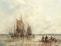 William Edward Webb, Peel fishing boats on the shore, oil on canvas
