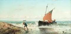 Hauling in the boat by Achille Dovera, oil on canvas, offered Dec 2017
