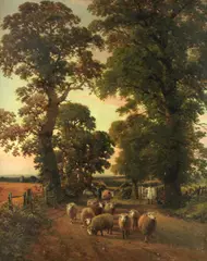 Sheep and drover on a country lane by Ows James Duffield Harding, oil on canvas, offered Dec 2017