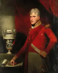 George Watson Psa, Portrait of Lt. Col. Patrick Macleod of Geanies, in military uniform and wearing a medal,  beside him a vase presented to him by Lloyds of London, oil on canvas