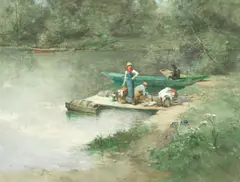 Ferdinand Heilbuth, Washerwomen by a river bank, watercolour and bodycolour