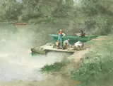 Ferdinand Heilbuth, Washerwomen by a river bank, watercolour and bodycolour