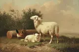 Eugène Verboeckhoven, A pastoral scene with sheep and a chicken, oil on panel