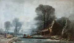 H. Müller, Ferry crossing in a winter landscape, oil on canvas