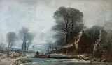 H. Müller, Ferry crossing in a winter landscape, oil on canvas