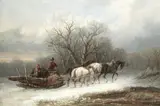 Alexis De Leeuw, Horse drawn sledge in Winter landscape, oil on canvas