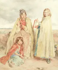 Ows William Henry Hunt, Portrait of the artist's wife and daughters - the gypsy toilet, watercolour
