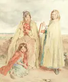 Ows William Henry Hunt, Portrait of the artist's wife and daughters - the gypsy toilet, watercolour