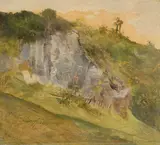 Carl Spitzweg, Landschaftsstudie mit Felspartie, Öl auf Papier, erneut auf Papier und dann auf Pappe aufgezogen