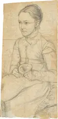 Erwin oder Otto Speckter, Eine Schwester des Künstlers mit Katze im Schoß, Bleistift, braun laviert, auf Bütten