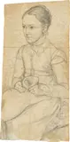 Erwin oder Otto Speckter, Eine Schwester des Künstlers mit Katze im Schoß, Bleistift, braun laviert, auf Bütten