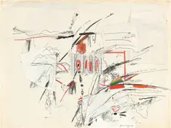 Peter Brüning, Ohne Titel, 1963, Collage (verschiedene Papiere), Tuschfeder und Farbstift auf Papier