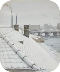 Frans van der Syp, Schneebedeckte Dächer in Berlin, 1857, Gouache auf leichtem Karton (die Ecken abgerundet)
