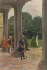 Franz Skarbina, König Friedrich II. in Rheinsberg 1740“. (Vor) 1906, Öl auf Leinwand