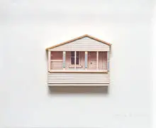 Donna Dennis, Tourist Cabin, 1975, Ink and watercolor on pebble board with black stockings