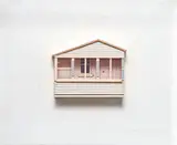 Donna Dennis, Tourist Cabin, 1975, Ink and watercolor on pebble board with black stockings