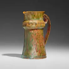 Tall pitcher by George E. Ohr, 1897-1900, glazed earthenware, sold Sep 2023