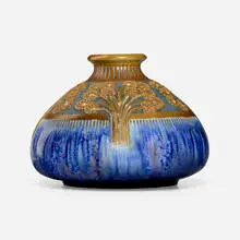 Mougin, Large vase with stylized blossoms, c. 1920, crystalline-glazed stoneware