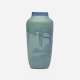 Scenic vase with Spanish moss, full moon, and sailboat by Sadie Irvine for Newcomb College Pottery, 1922, glazed earthenware, sold Sep 2023