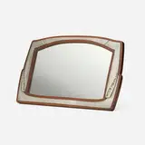 Archibald Knox, Tudric vanity mirror, c. 1905, carved mahogany, pewter, silvered glass, abalone shell