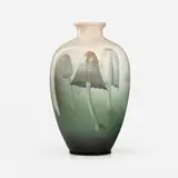 Tall Iris Glaze vase with mushrooms by Carl Schmidt for Rookwood Pottery, 1909, glazed porcelain, sold Sep 2023