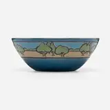 Scenic bowl by Sara Galner for Saturday Evening Girls, 1917, glazed earthenware decorated in cuerda seca, sold Sep 2023