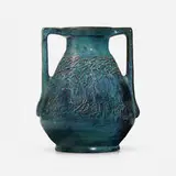 Rare and Large vase with children picking berries by Mary Frances Overbeck for Overbeck Pottery, c. 1930, carved and glazed earthenware, sold Sep 2023