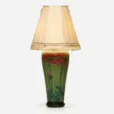 Incised Mat lamp with poppies by Sallie Toohey for Rookwood Pottery, c. 1910, glazed earthenware, brass, carved wood, glass, sold Sep 2023