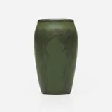 Vase with stylized roses by Maude Milner and Sarah Tutt for Marblehead Pottery, 1904-08, glazed earthenware, sold Sep 2023